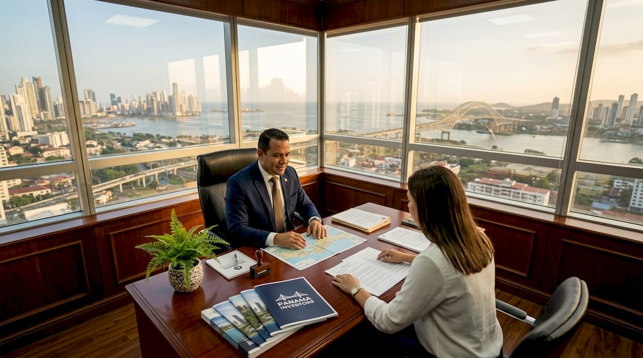 Agent and investor reviewing documents in corner office