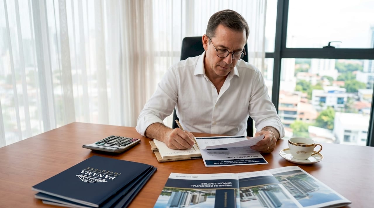Property investor analyzing reports at desk