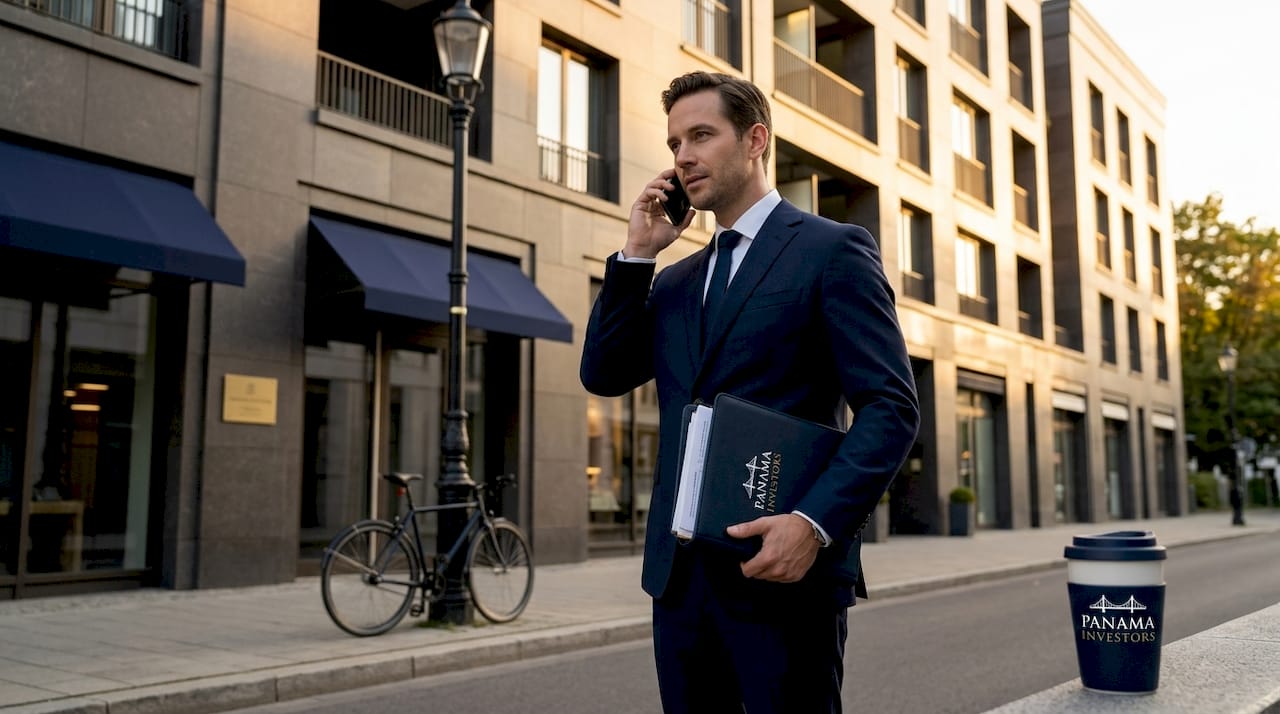 Real estate agent in front of apartment building