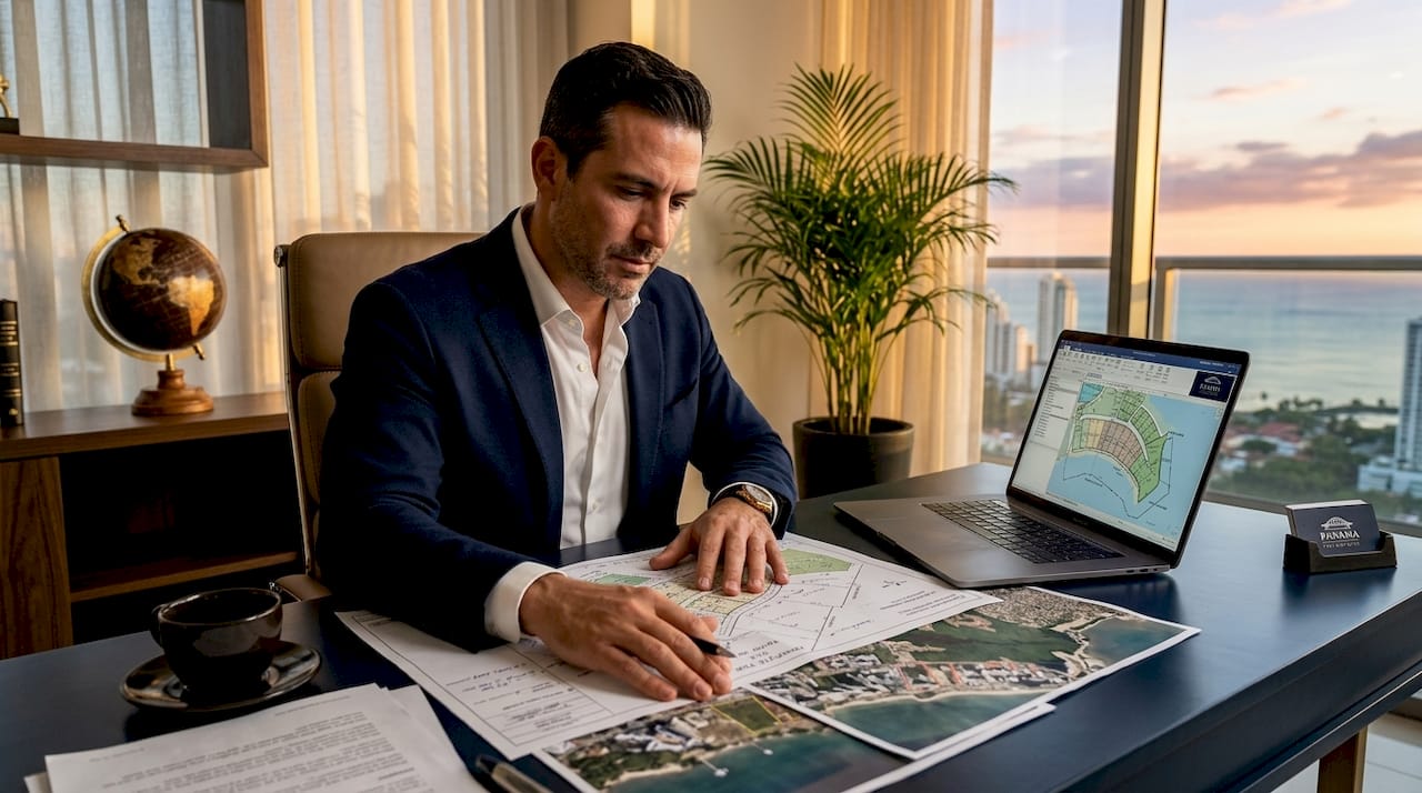 Investor reviewing sea view property maps in home office