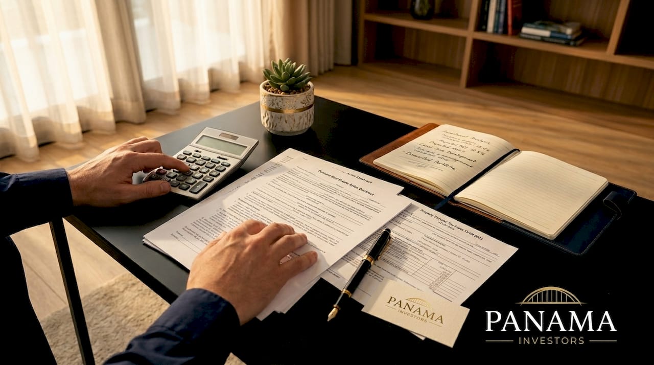Hands calculating Panama real estate capital gains tax papers