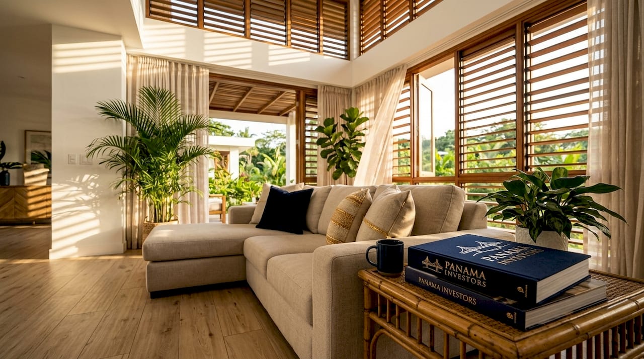 Airy living room with open windows and fan
