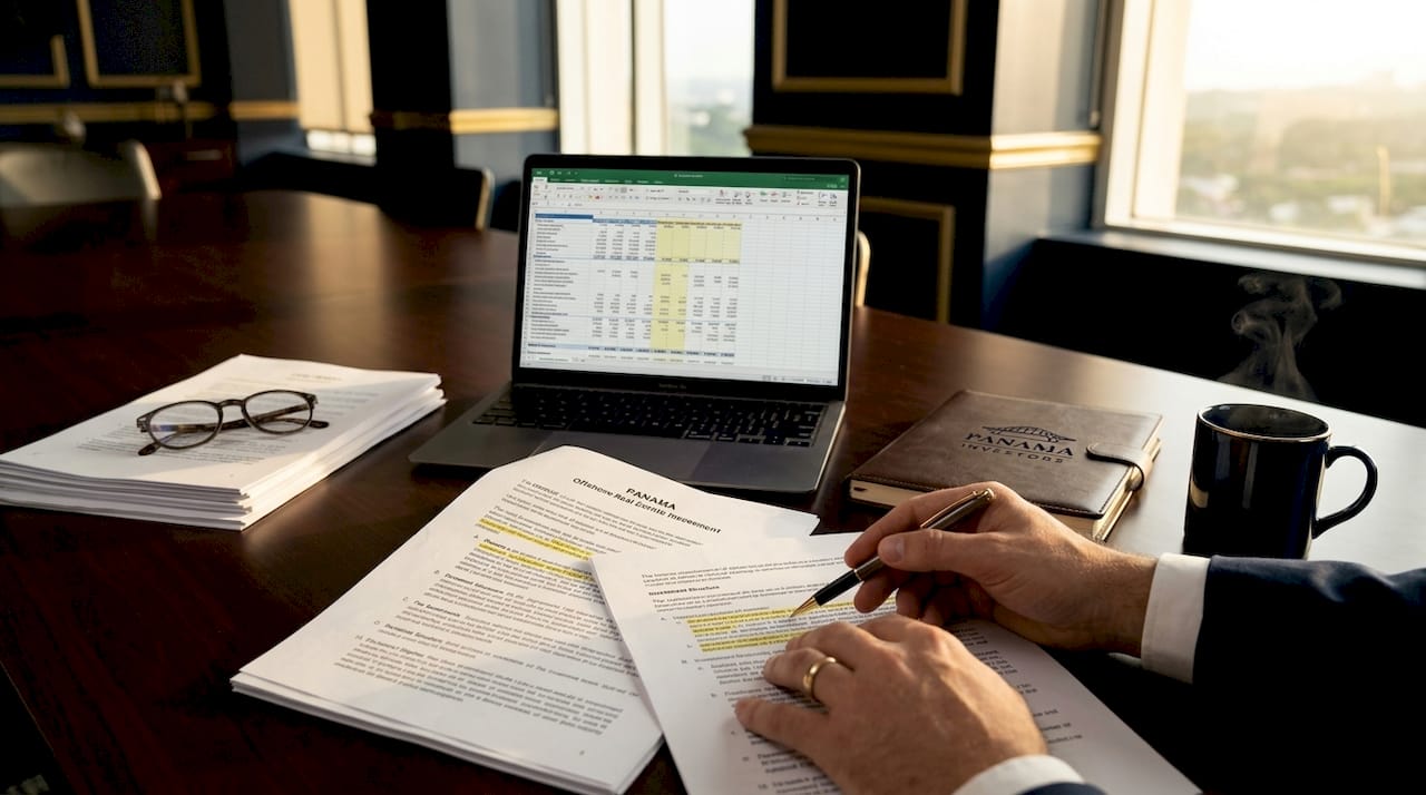 Close-up of offshore real estate legal documents on desk