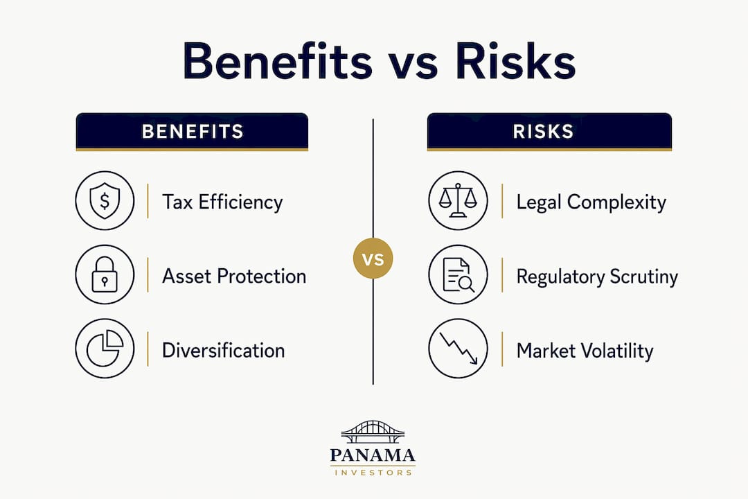 Infographic comparing benefits and risks of offshore real estate
