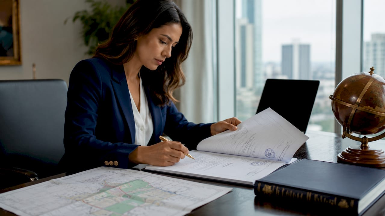 Hands verifying property title documents