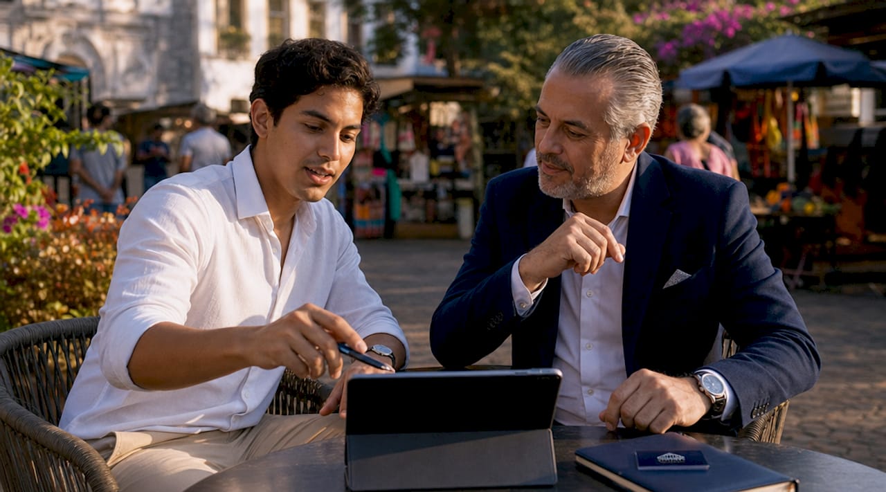 Buyer and agent discussing property in Panama café