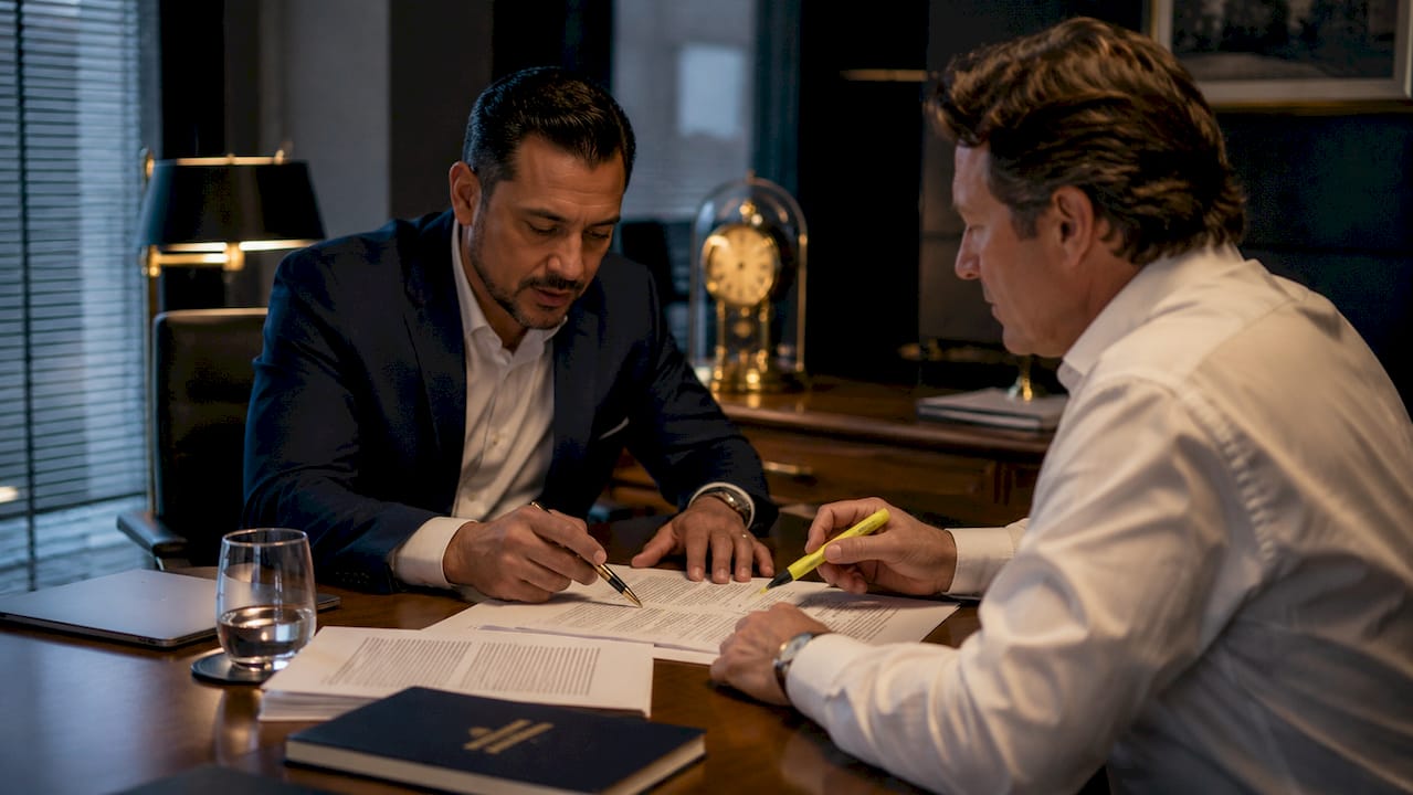 Lawyer and expat discussing rental law documents