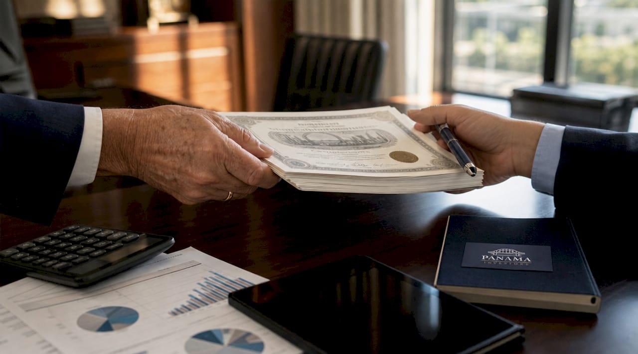 Hands exchanging stock certificates over glass table