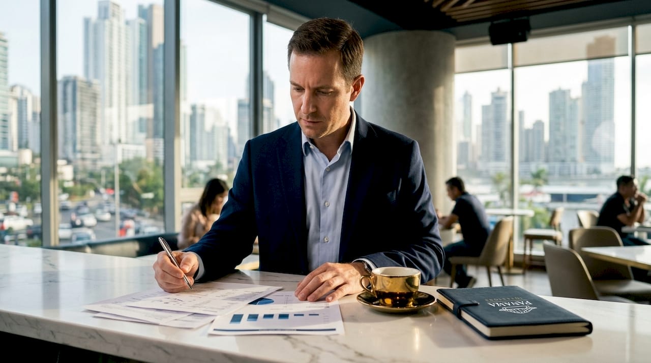 Investor reviewing financial documents in Panama office