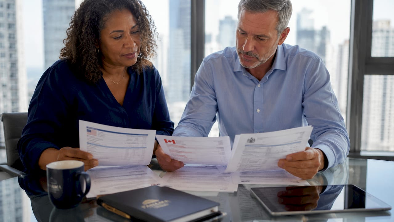 Hands examining pension source documents at kitchen table
