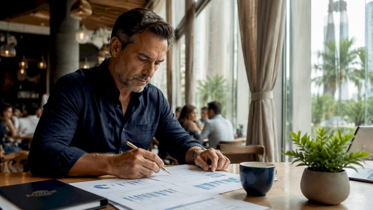 Investor reviewing financial reports in Panama office