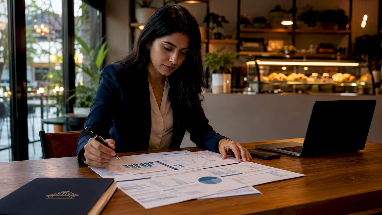 Hands analyzing global rental yield financial reports