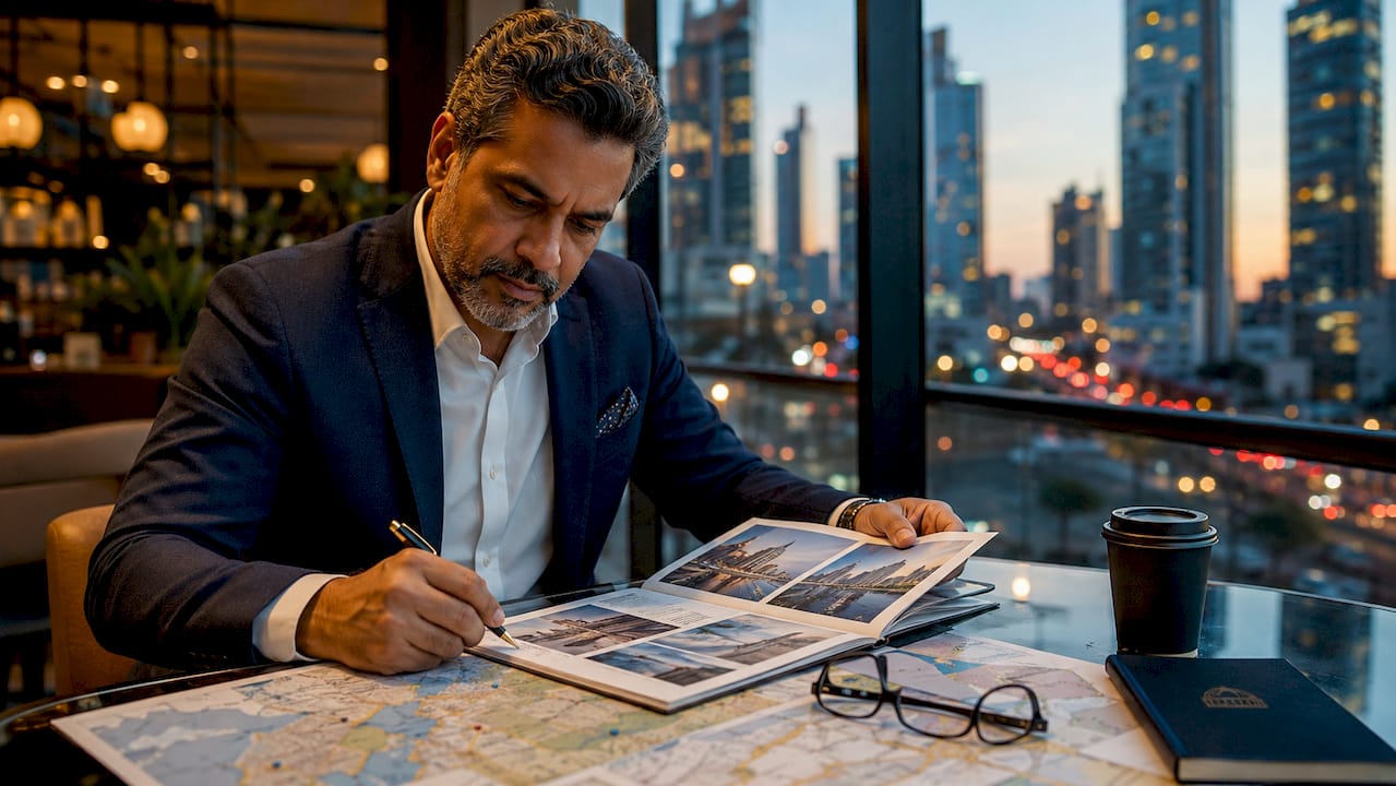Investor reviewing international real estate portfolio at desk