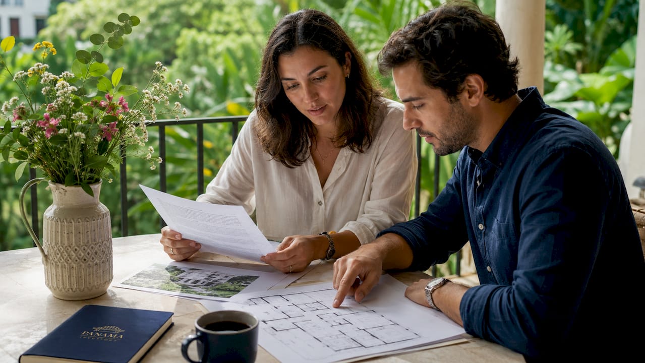 Couple reviewing pre-construction contract