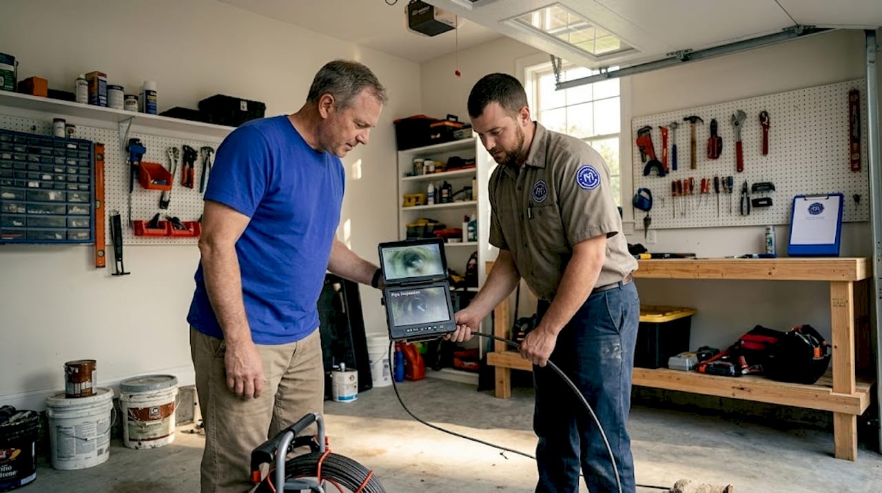 Contractor inspecting sewer pipe with homeowner