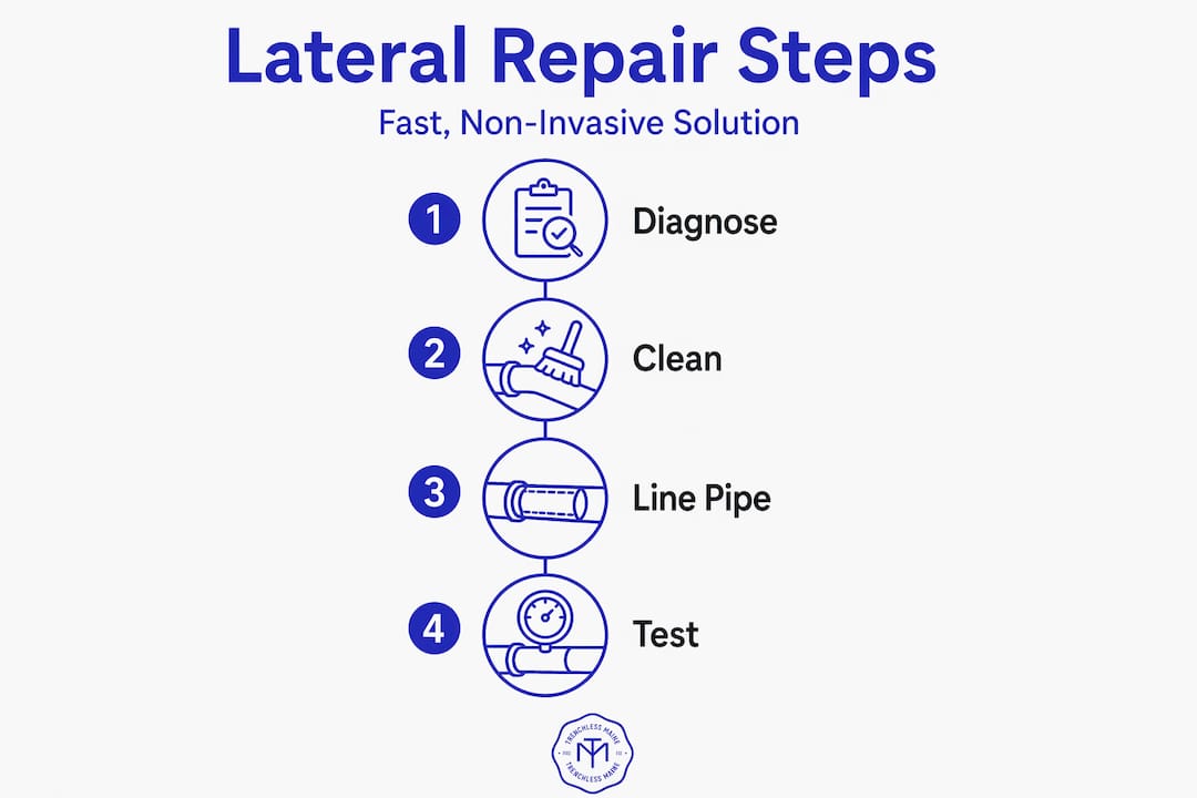 Vertical infographic showing four steps for lateral line repair