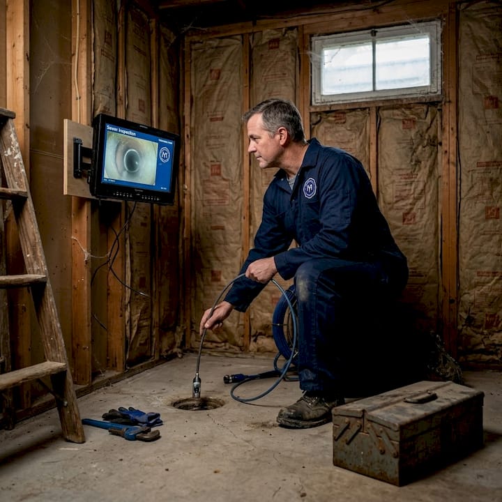 Plumber inspecting sewer lines with camera