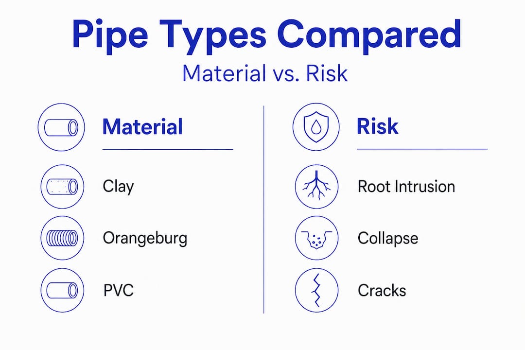 Infographic comparing sewer pipe materials and risks