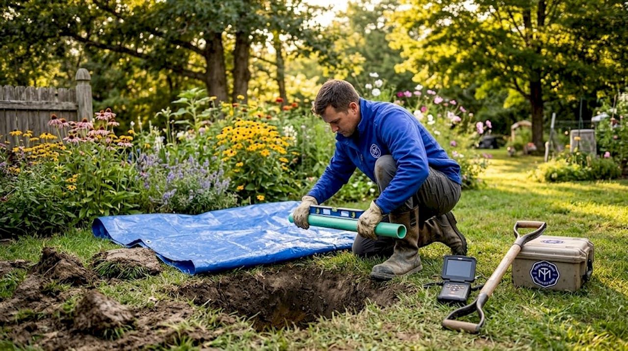 Contractor working near sewer access pit