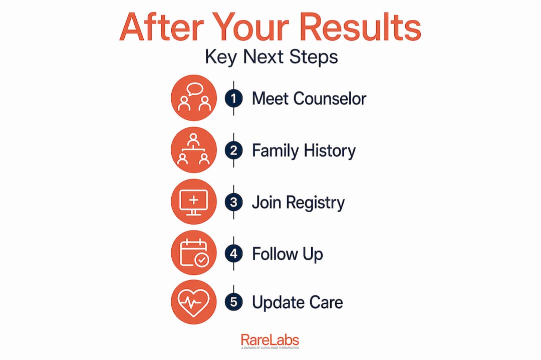 Infographic showing key steps after receiving rare disease test results