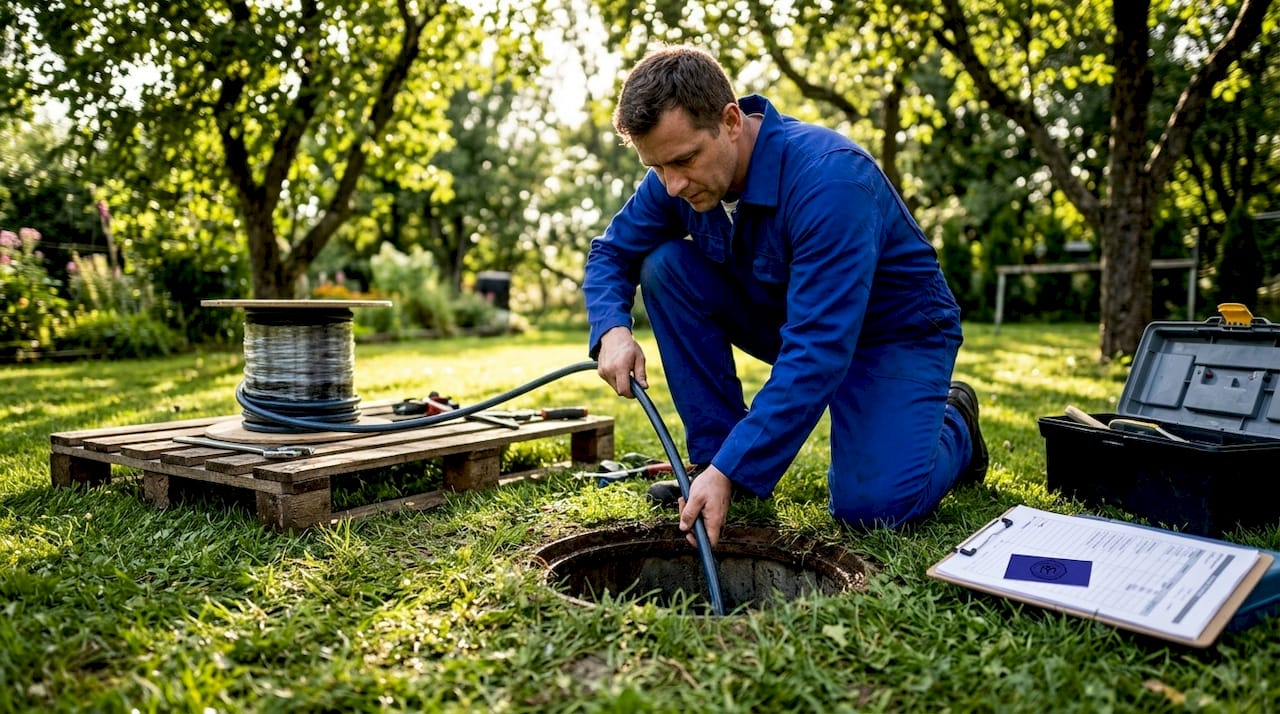 Plumber performing trenchless pipe repair outdoors