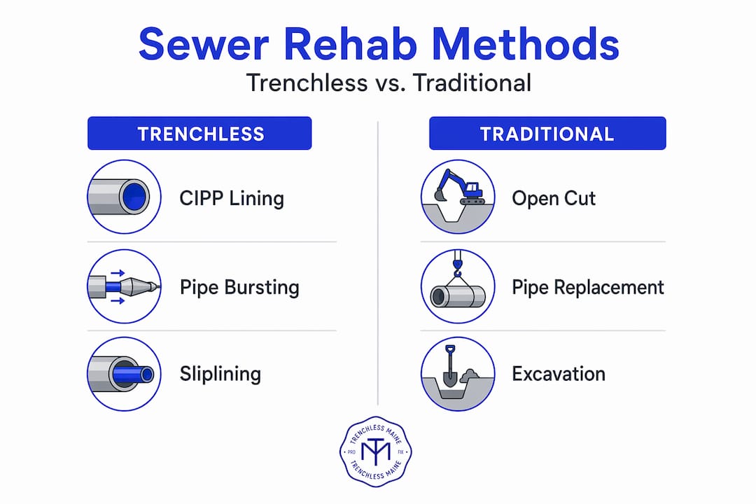 Infographic comparing trenchless and traditional sewer methods