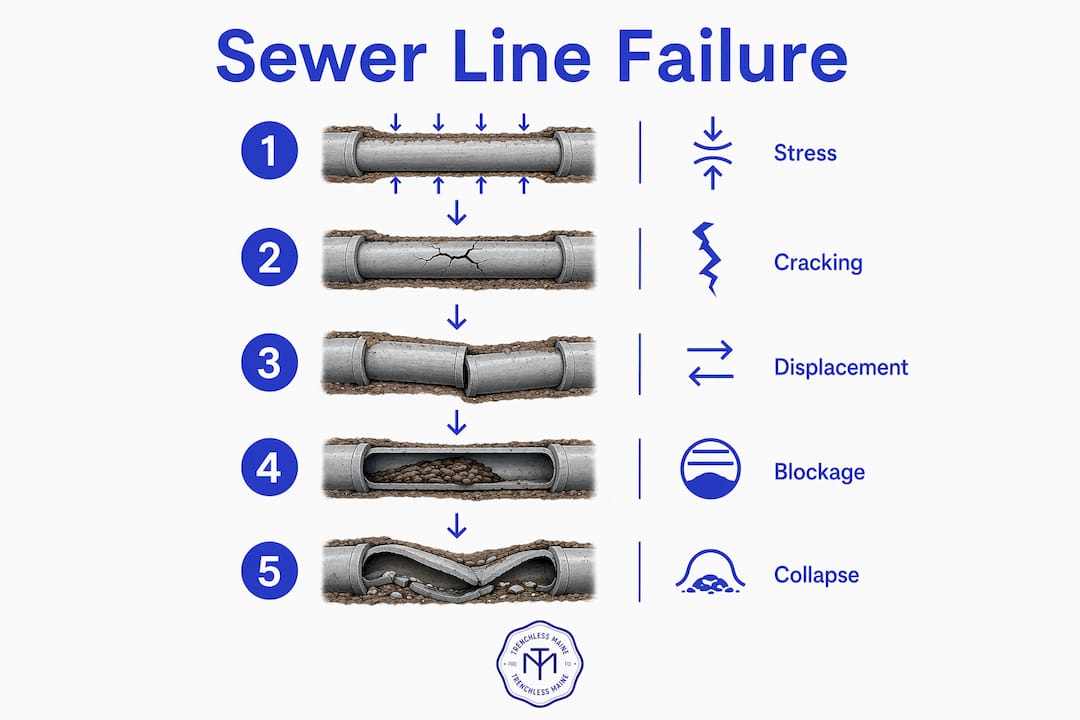 Infographic showing sewer line failure stages