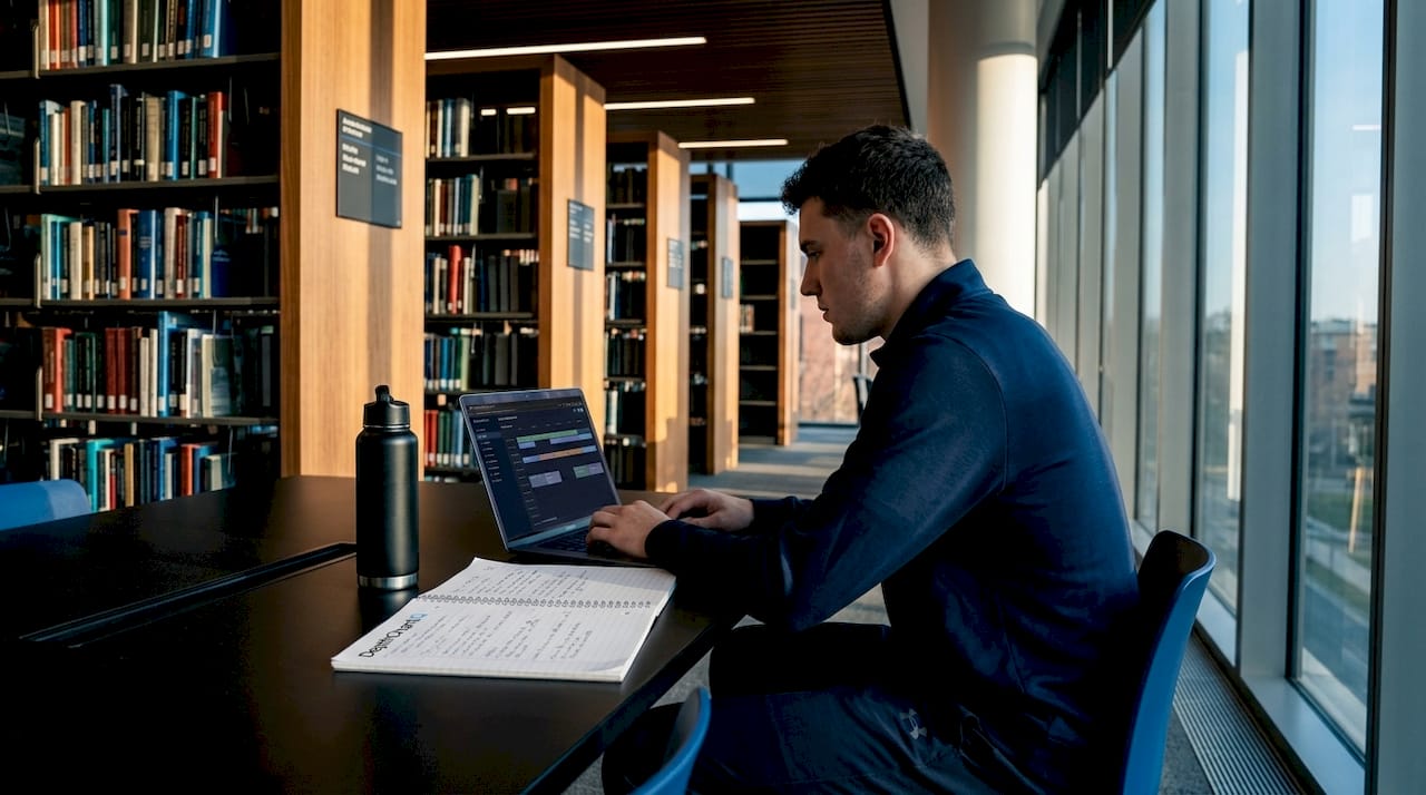 College basketball player studying in lounge