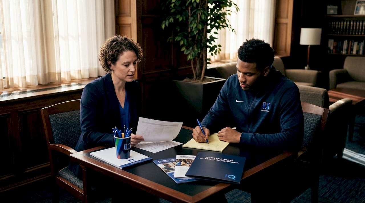 Academic advisor consulting college basketball player