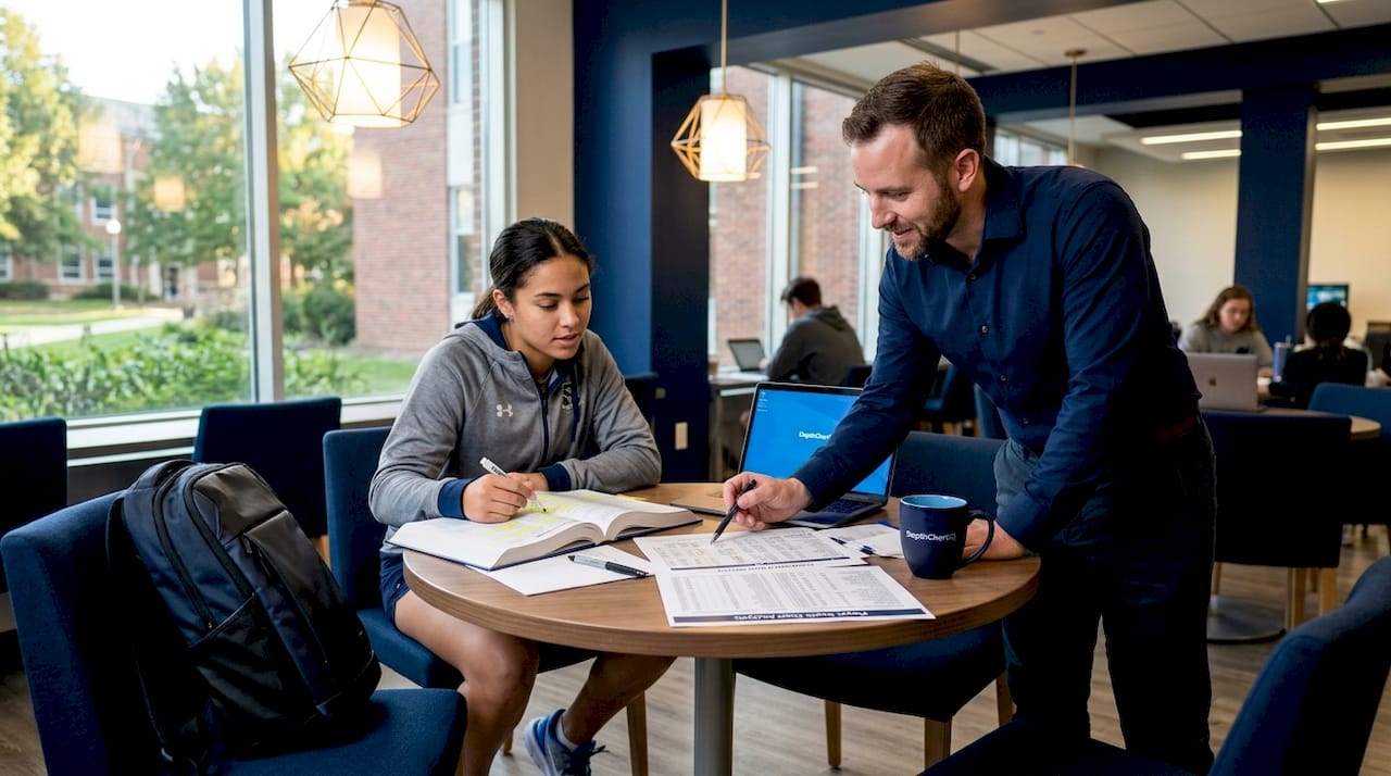 Student-athlete tutoring session in library