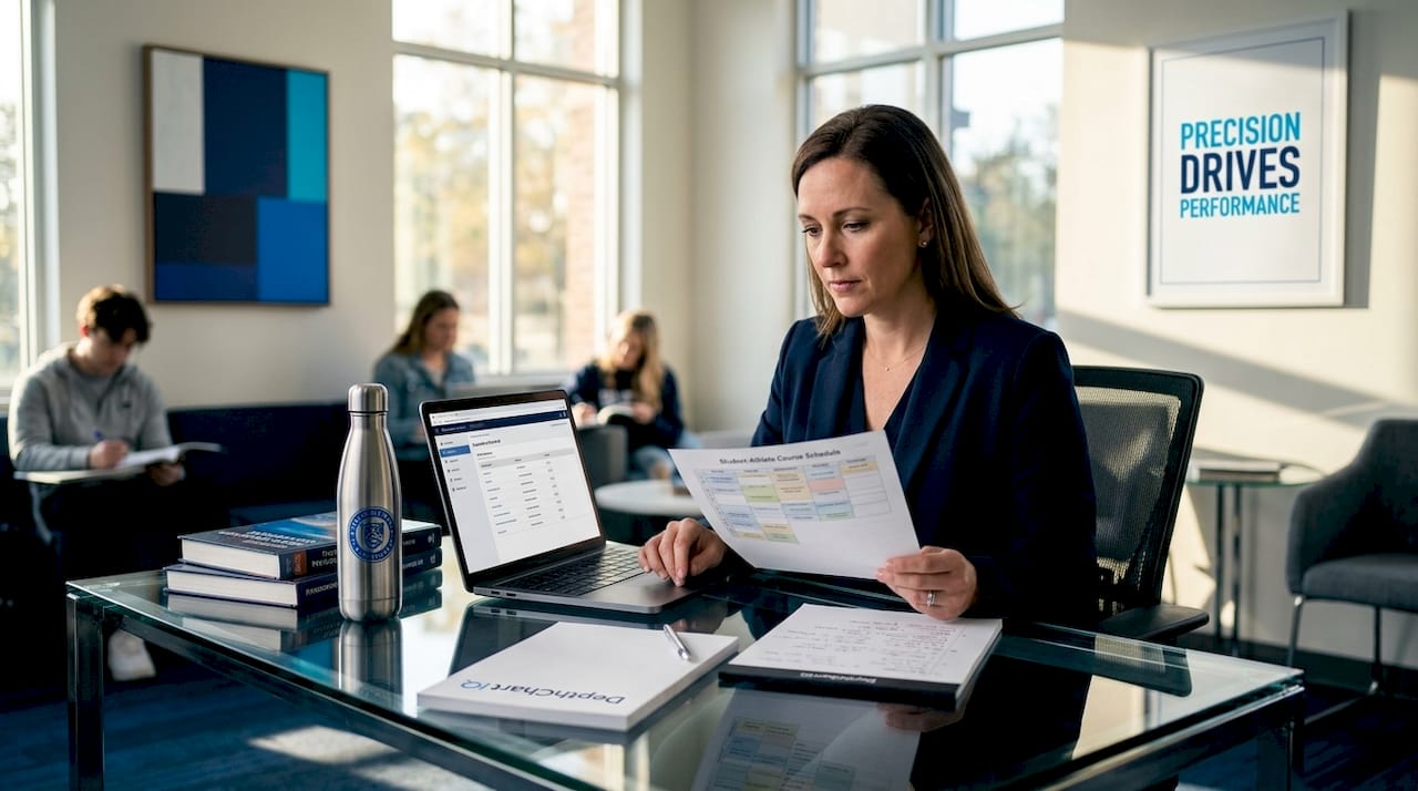 Athletic academic advisor reviewing athlete support