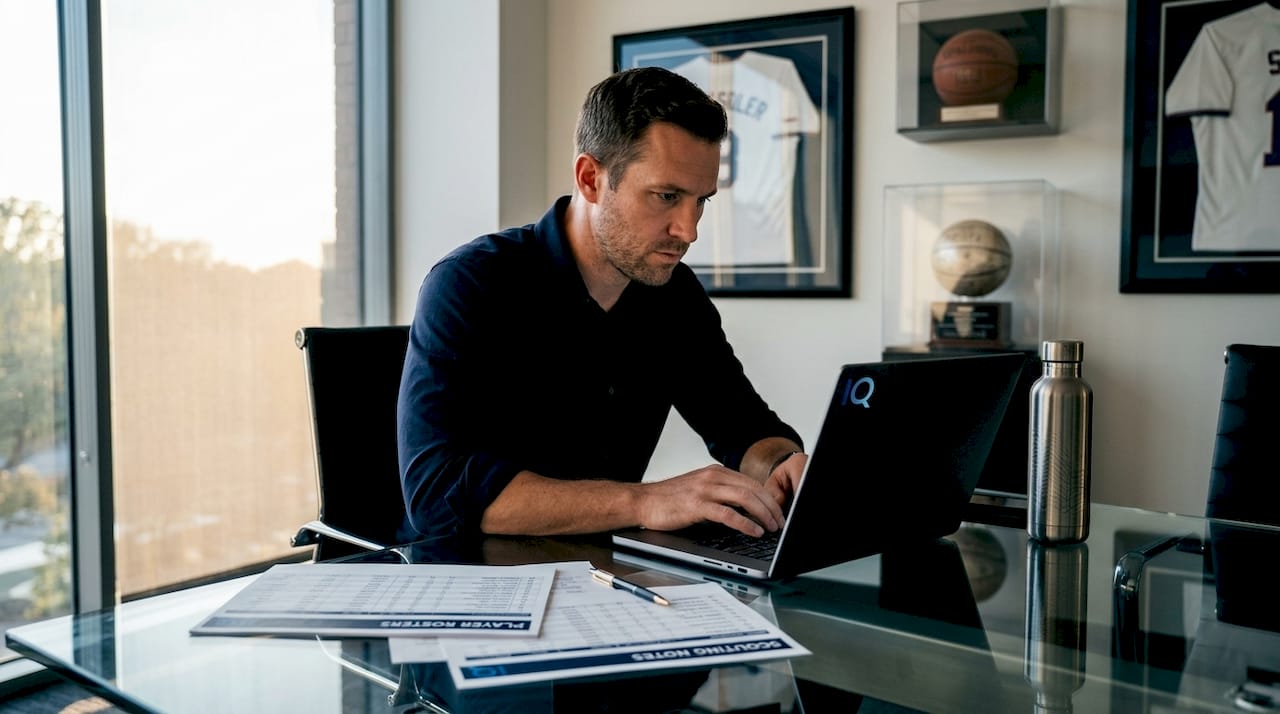 Athletic director reviewing roster strategy on laptop