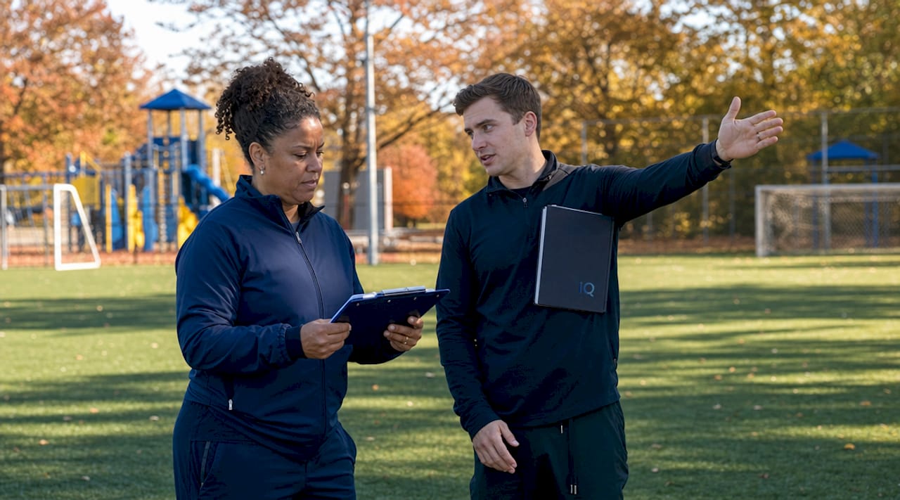 Coaches discussing athletic division differences outdoors