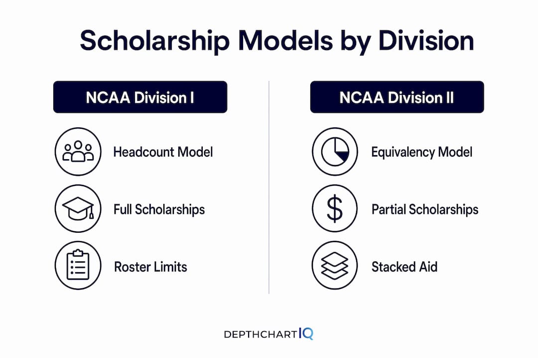 Infographic comparing NCAA Division I and II scholarship models
