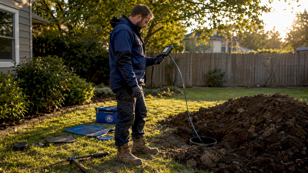 Plumber inspecting trenchless pipe lining installation