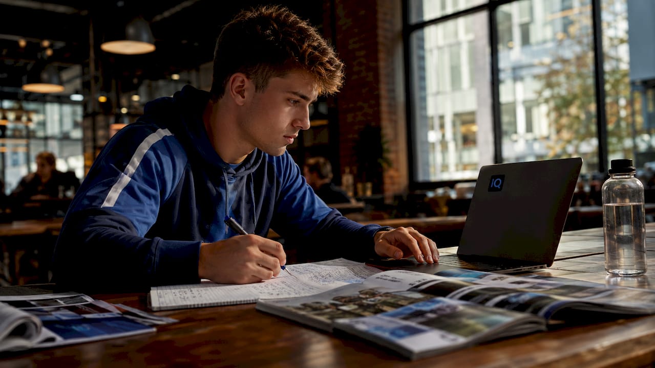 Student athlete reviewing college program materials in library
