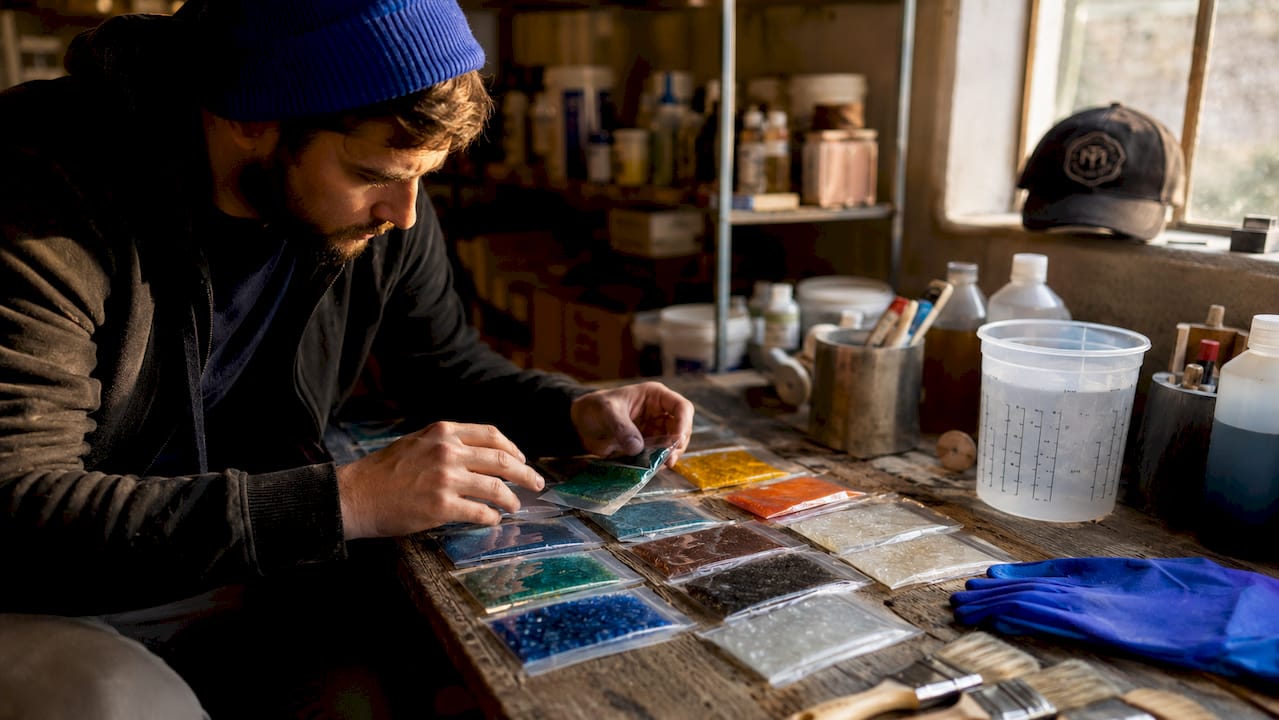 Technician handling pipe lining resin materials