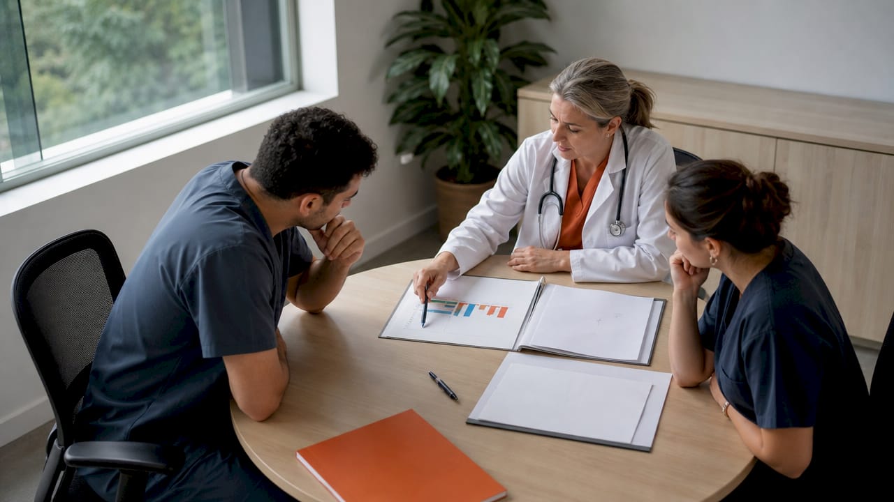 Reunião da equipa médica para discutir ensaios clínicos
