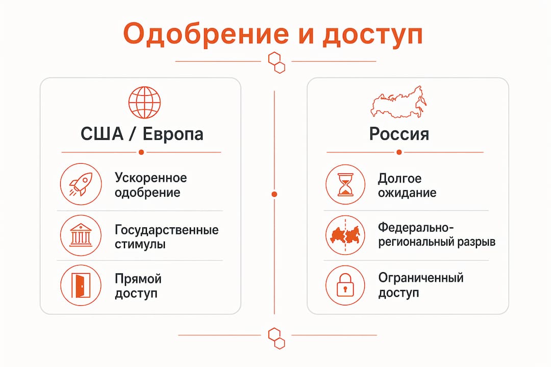 В инфографике наглядно показано, как различается одобрение и доступность лечения в США, Европе и России.