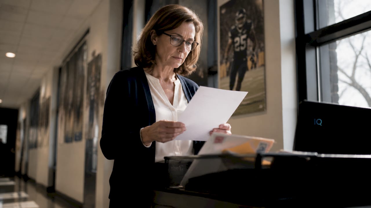 Compliance officer reviewing athlete transfer notification