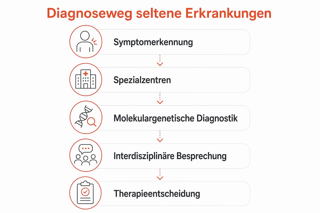 Eine anschauliche Infografik veranschaulicht, wie seltene Krankheiten diagnostiziert werden.