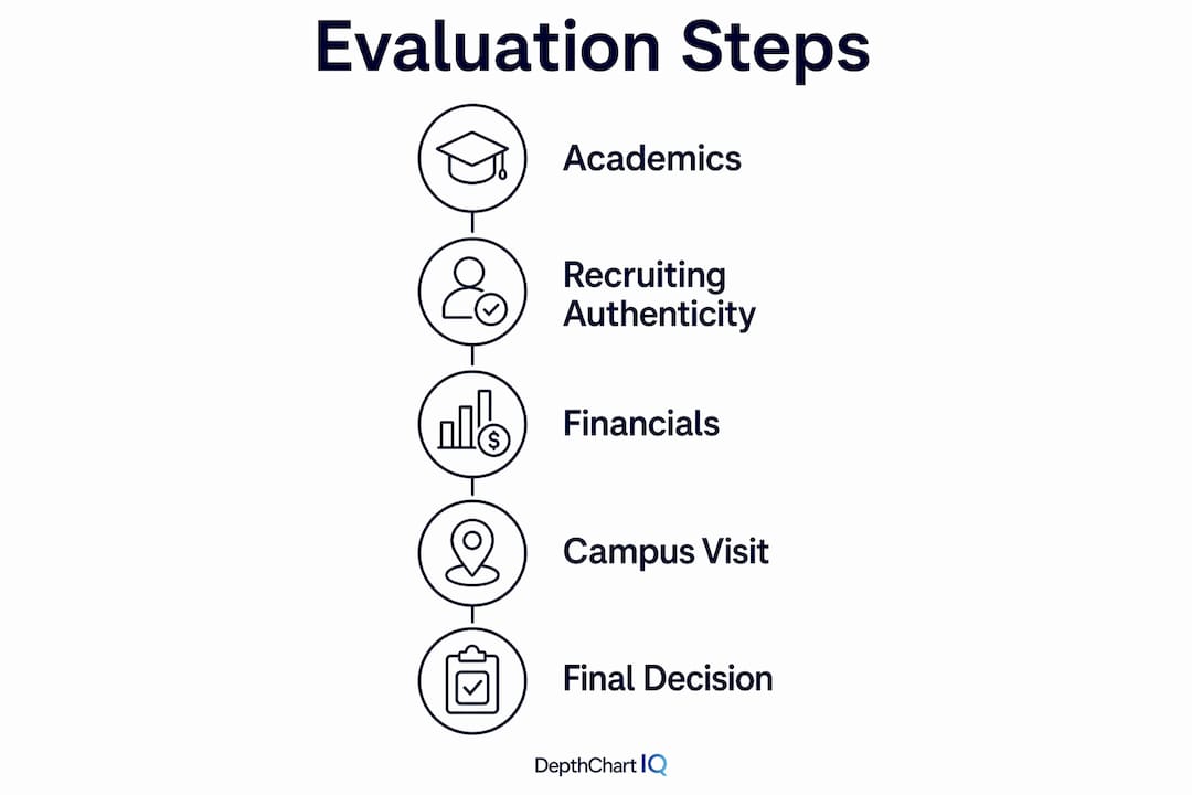 Infographic illustrating steps to evaluate college athletic programs