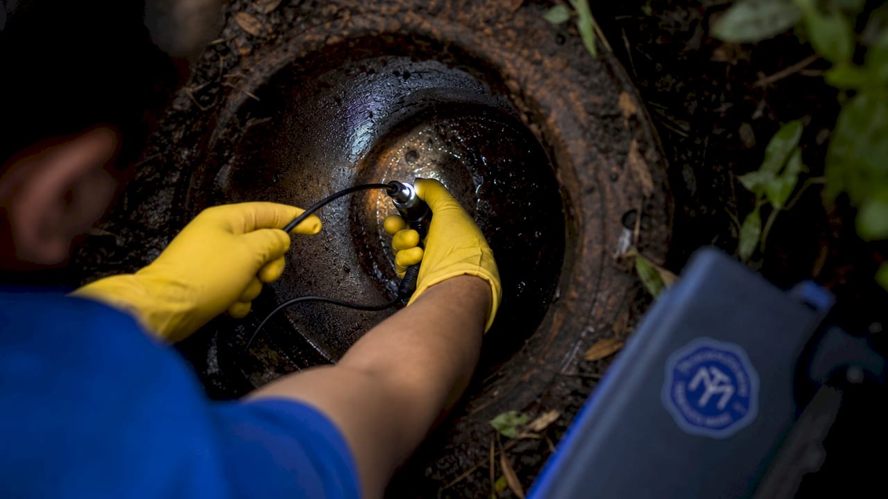 Close-up of hands operating CCTV drain camera