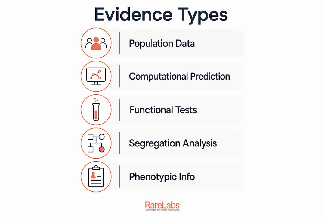 Infographic showing types of evidence for genetic variant interpretation