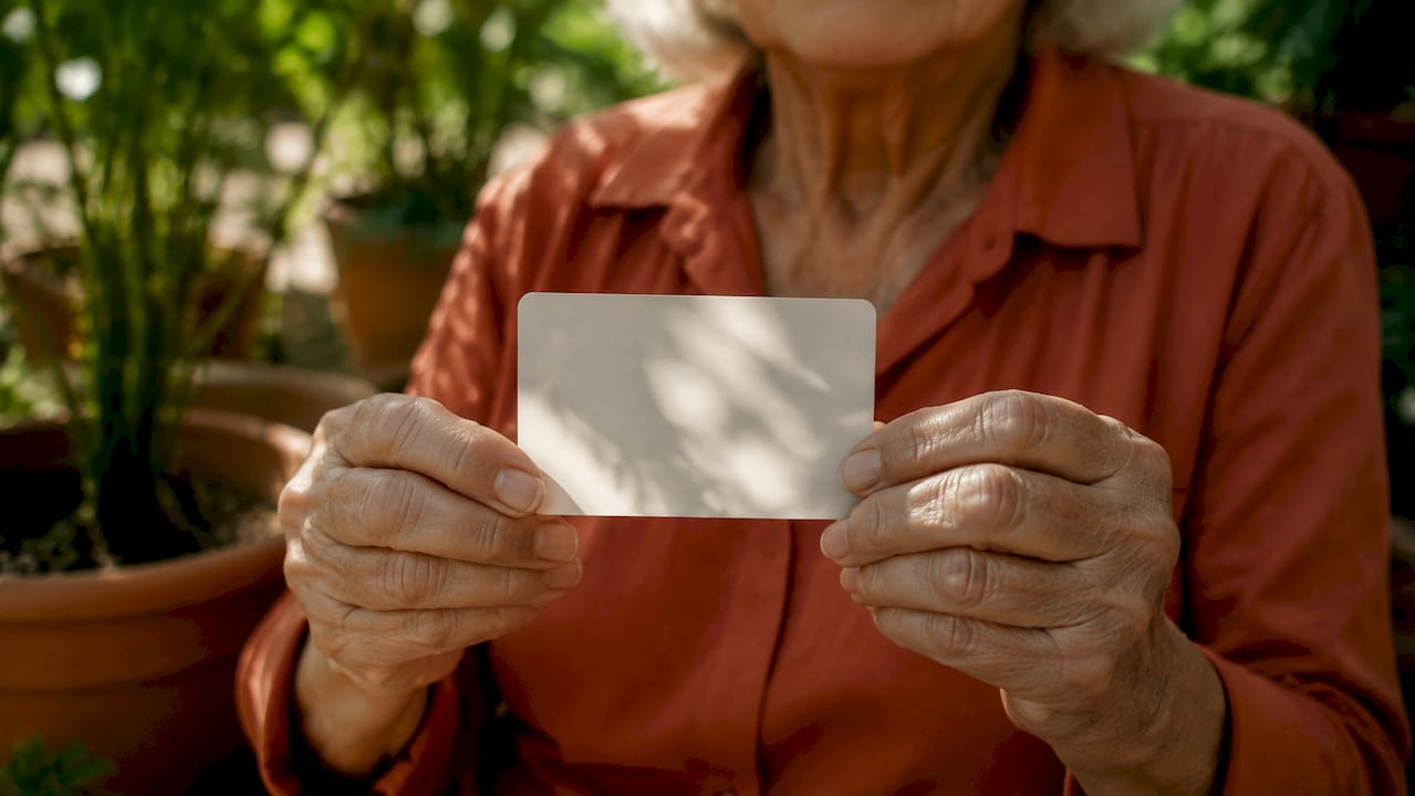 Mãos seguram o cartão de identificação de doente com doença rara