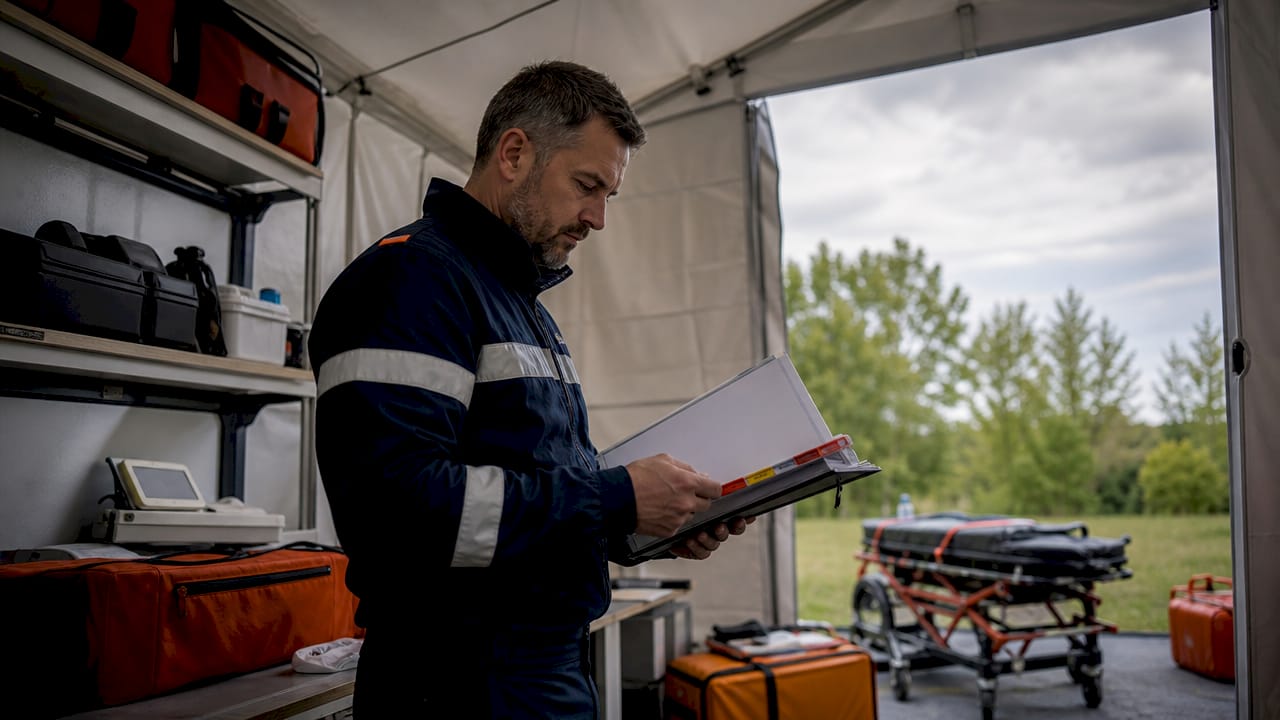 Un ambulancier consulte le dossier médical d’un patient à l’intérieur du véhicule d’intervention.