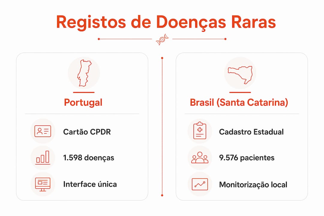Infografia comparativa sobre os registos de doenças raras em Portugal e no Brasil