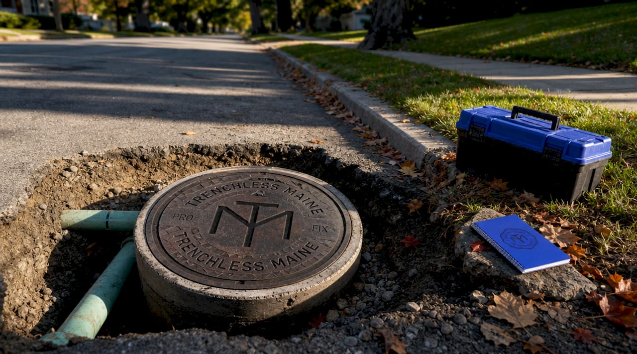 Manhole cover and sewer pipes on city street