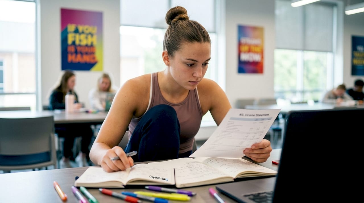 College athlete studying NIL income documents