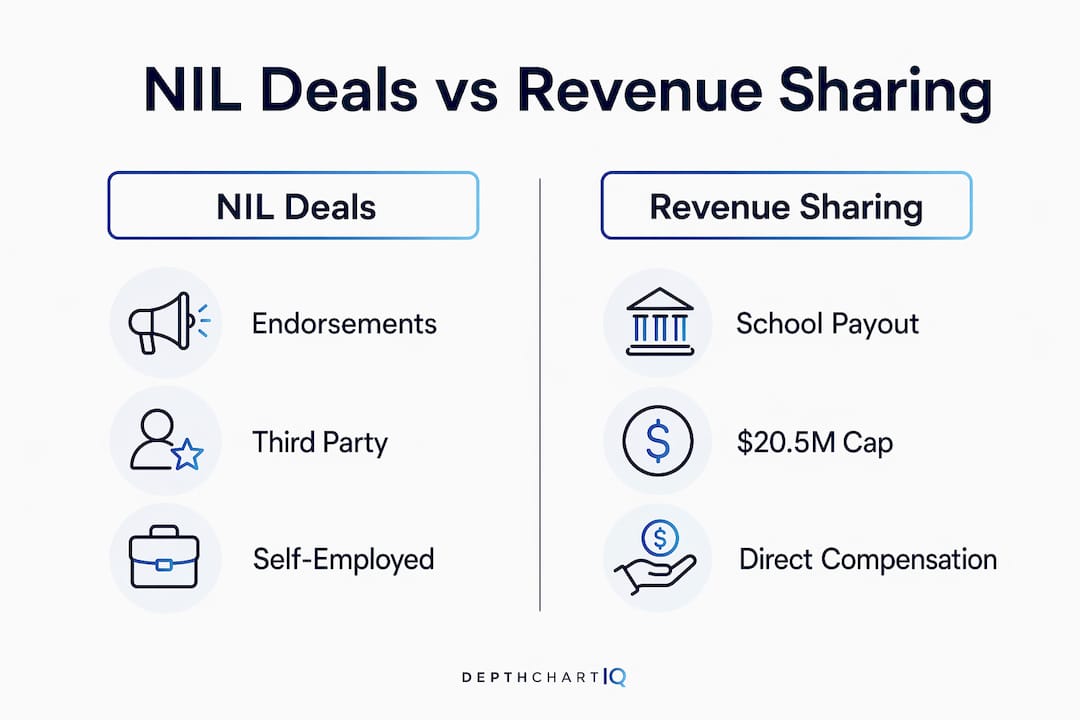 Infographic comparing NIL deals and revenue sharing